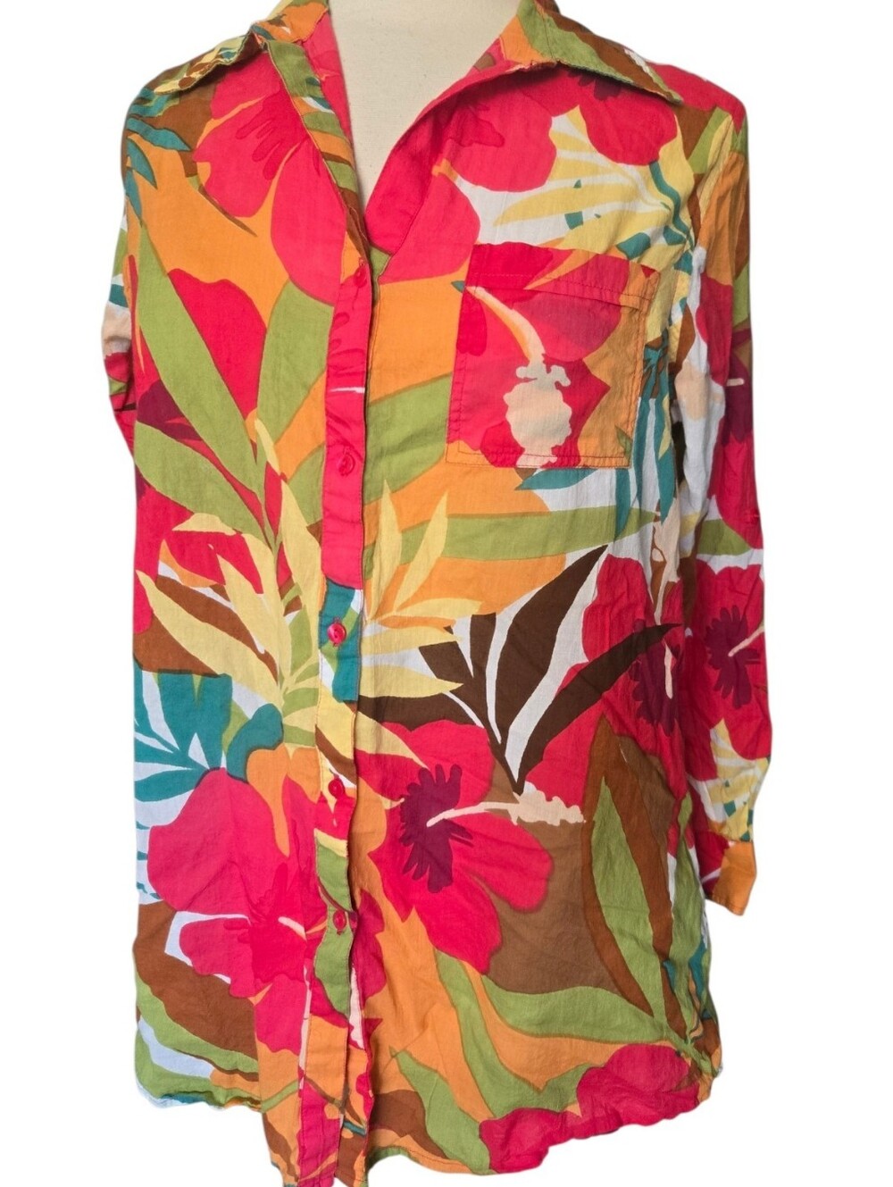 True Destinations Button Front Tropical Cotton Shirt - S